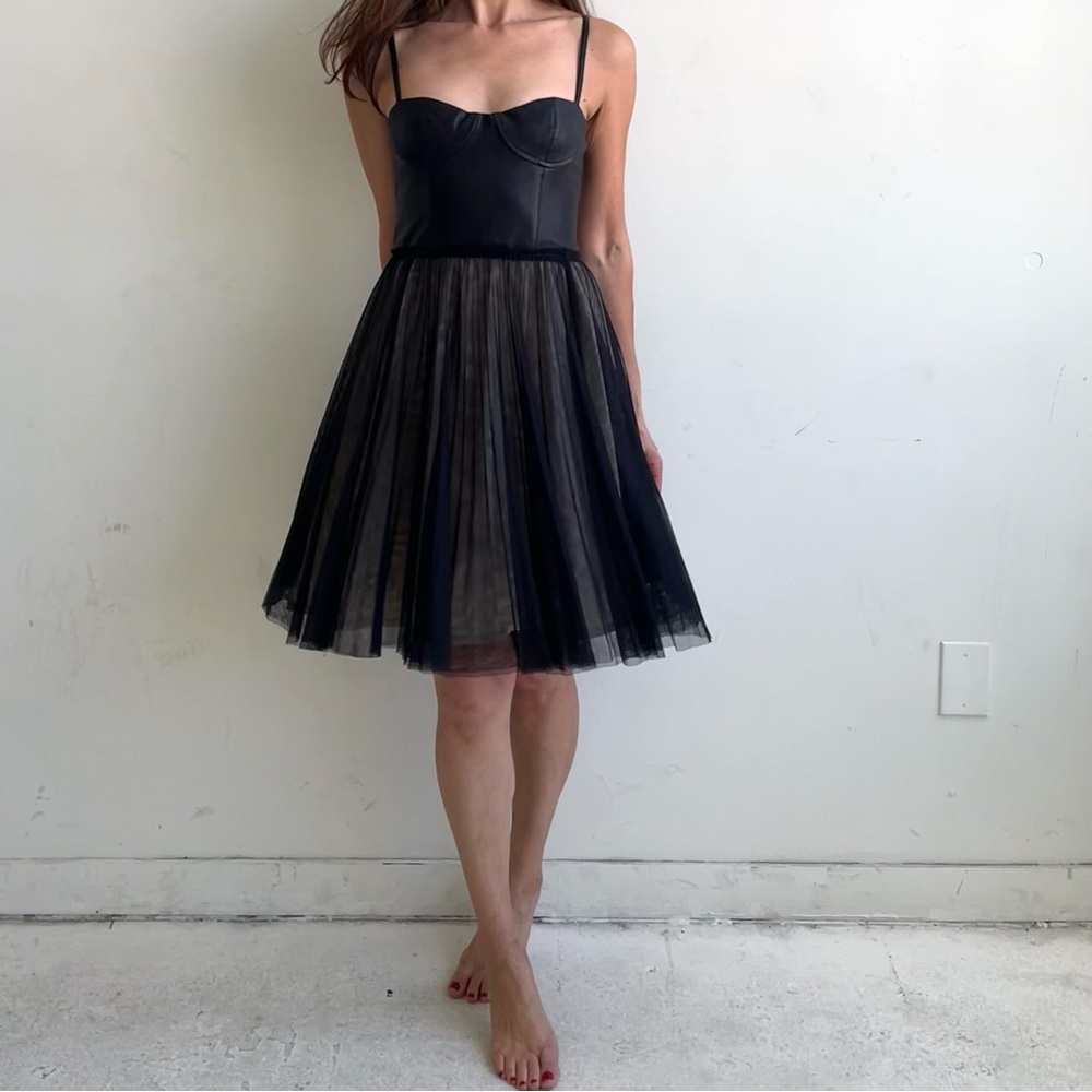 Alice + Olivia Leather Corset and Tulle Skirt Dress, Midi, Black, Size 2
